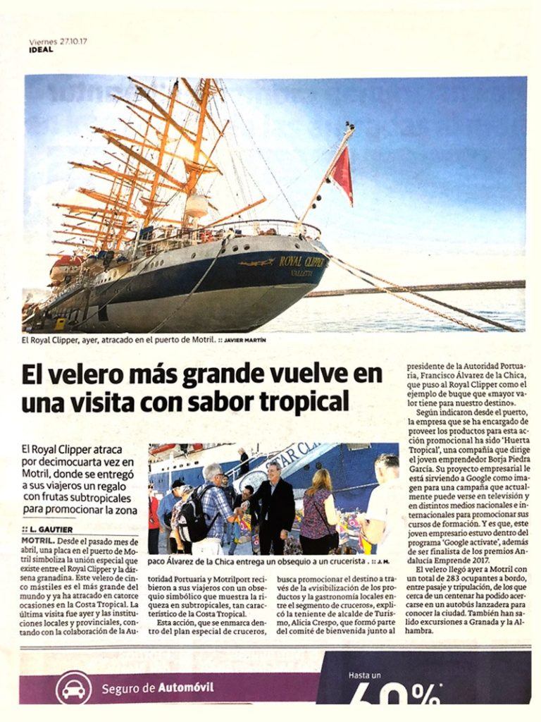 El velero Royal Clipper, el velero más grande del mundo, visita Motril y descubre la fruta tropical de Huerta Tropical