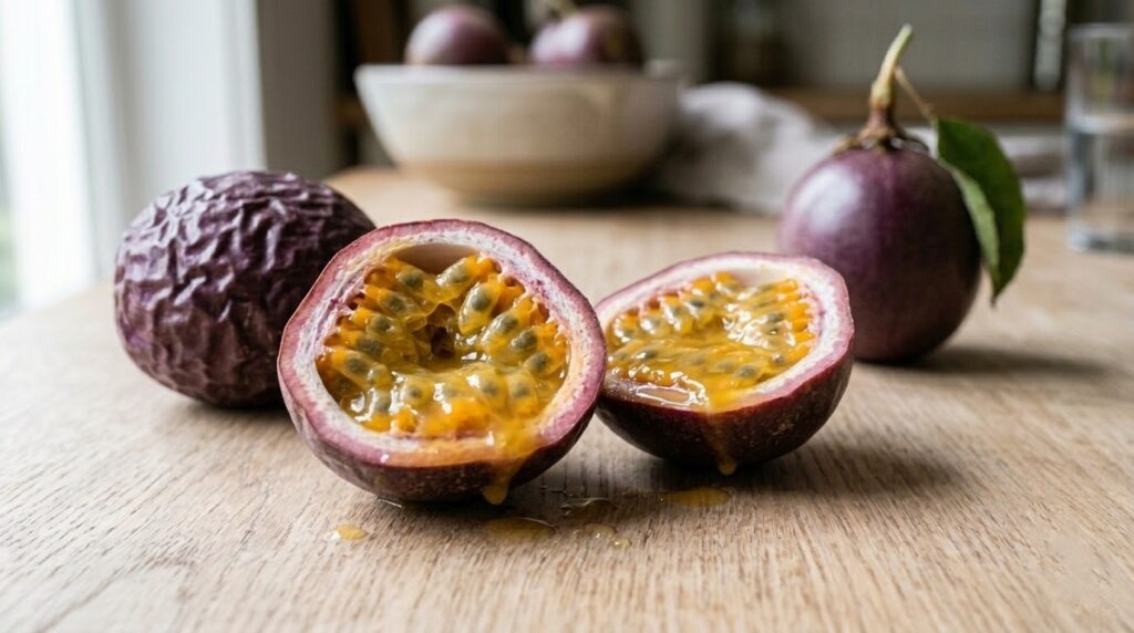 Maracuyá abierto con pulpa jugosa cultivado por Huerta Tropical.